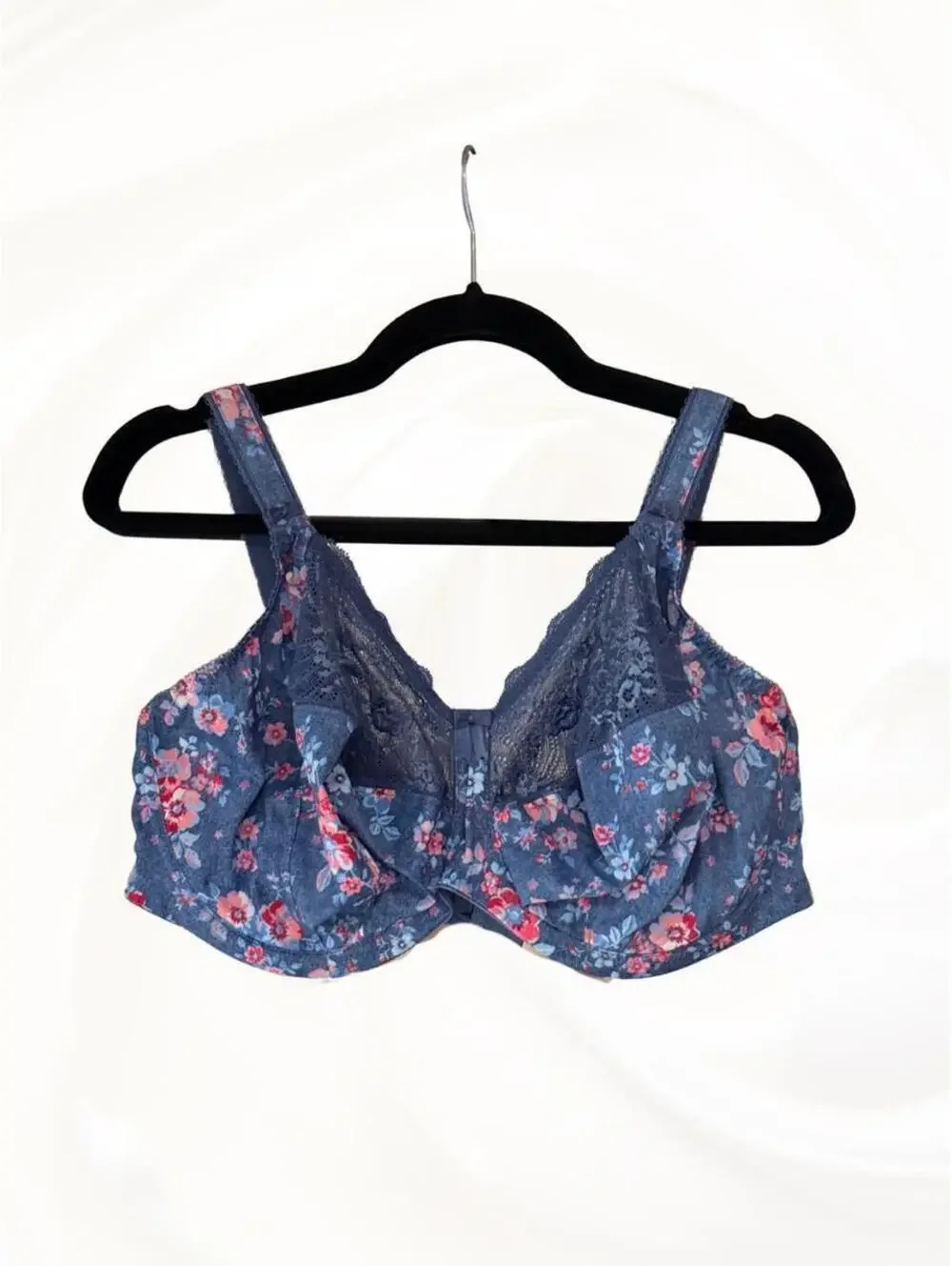 Elomi blue floral push up bra with red and pink flowers, size 40J